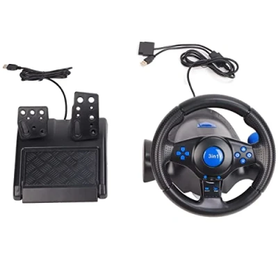 Imagen de Volante para Juegos con Pedal, Rotación de 180 Grados Carreras Juego Multifuncional 3 en 1 Fuerza Conducción Compatible PS2, PS3, PC