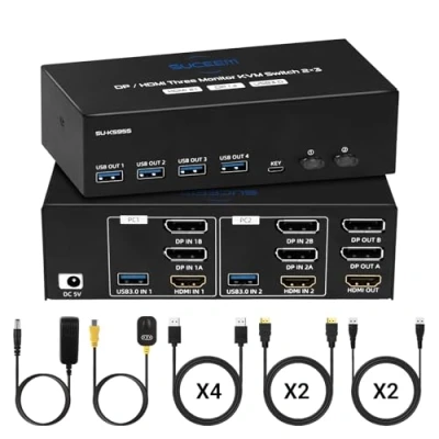 Imagen de Conmutador KVM HDMI Displayport 2 PC 3 Pantallas, 8K 60Hz / 4K 120Hz DP 1.4 2.1 USB 3.0, soporta modo extendido y copia, con controlador de escritorio 8 cables 2HDMI+4DP+2USB