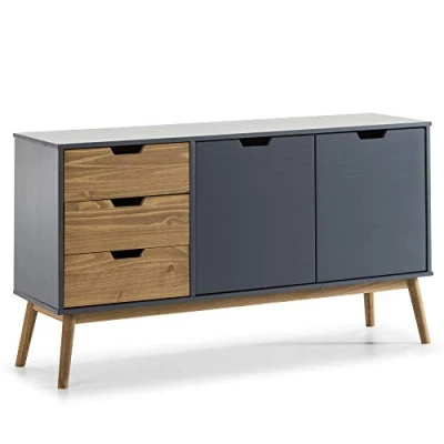 Imagen de Aparador Java 3 cajones y 2 Puertas Gris/Cera, Madera de Pino Maciza, 140 cm Ancho, 40 Profundo 80 Alto