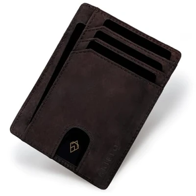 Imagen de AKIELO Tarjetero de Hombre Bloqueo RFID con Caja Regalo Cartera Ultrafina Minimalista (Bravo Edición Moca Oscura)