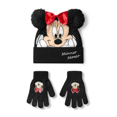 Imagen de Disney Conjunto de Gorro y Guantes Minnie Mouse para niñas Invierno Punto Negro con Pompones Lazo Rojo Talla única niños Cara del Personaje