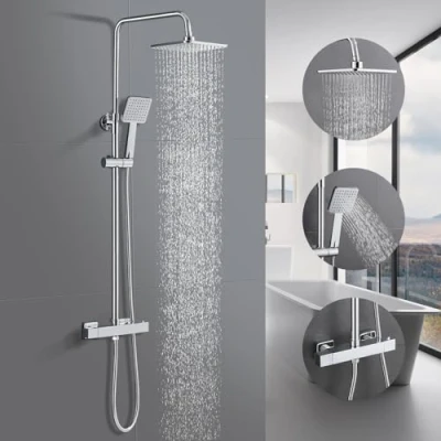 Imagen de BONADE Sistema de ducha con termostato, lluvia grifo, grifo acero inoxidable, juego completo barras ajustables inoxidable 81 117 cm, cromo