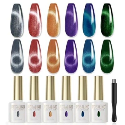 Imagen de ROSALIND Esmaltes Semipermanentes para Uñas Magnetico 6pcs, Cristal Cat Eye Nail Polish Rojo, Violeta, Azul, Verde, Gris UV/LED Ojo de Gato Pintauñas Principiantes y Profesionales