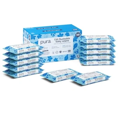 Imagen de Pura Toallitas Desechables WC Para Bebés, 720 (12 x 60 Toallitas), 100% Húmedas Libres de Plástico, 99% Agua, Piel Sensible, Biodegradables, Algodón Orgánico