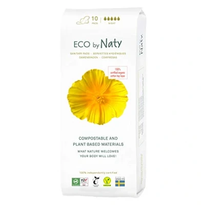 Imagen de Eco by Naty Compresas con Alas Noche a base de plantas y absorbentes para mujeres, producto menstrual algodón orgánico, mejor la salud femenina (10 unidades)