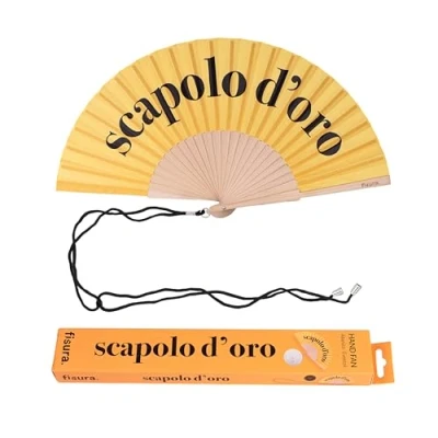 Imagen de Fisura Abanico Original con Mensaje “scapolo D&#039;oro. para Bodas. Ventilador de Mano Moderno y Colorido. Colgador Incluido. Medidas: 42,5 x 23 cm