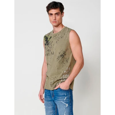 Imagen de Camiseta sin Mangas de Algodón con Cuello Redondo y Estampado Delantero en la Espalda Color Kaki para Hombre