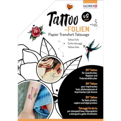 Imagen de GLOREX 6 1241 600 Láminas de tatuaje, 2 piezas papel A4, para crear rápida y fácilmente su propio tatuaje DIY, impresoras láser, copiadoras e inyección tinta