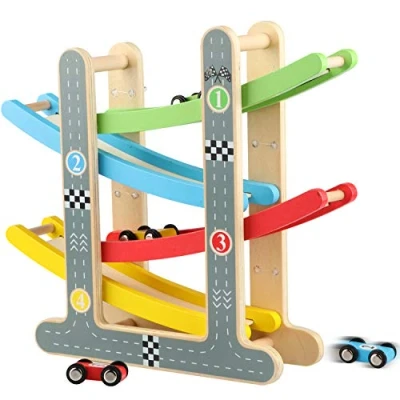 Imagen de Jacootoys Rampa de Carrera para Niños 1 a 2 Años, Juegos Circuito Coches Pista Madera Juguetes Incluye 4 Autitos
