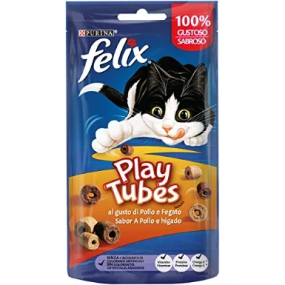 Imagen de Felix Purina Play Tubes, Snack, premio para Gato con Pollo e Hígado, 8 bolsas de 50g