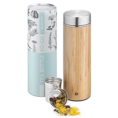 Imagen de Navaris Botella con Filtro para té Termo de bambú 500 ml infusiones y tés Tetera infusor extraíble Bebidas Calientes Gris