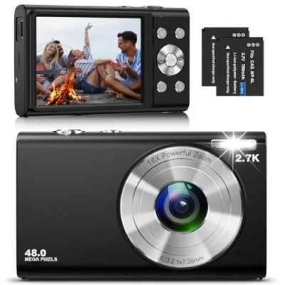 Imagen de cámara Digital Compacta, 48MP 2.7K Autofocus con Pantalla Grande de 2.8&quot;, Zoom 16X, Mini portátil para Adultos, Principiantes (Negro)