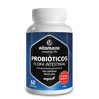 Imagen de Probióticos y Prebióticos Intestinales + Inulina de Alta Concentración 12 Cepas Bacterianas 16 mil millones UFC para la Flora Intestinal 60 Cápsulas Veganas, Calidad Alemana. Vitamaze®