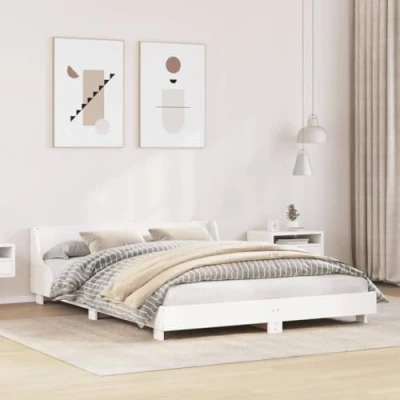 Imagen de vidaXL Estructura de Cama con cabecero Madera Pino Blanco 135x190 cm, Muebles Dormitorio, somier, Marco Cama, Base