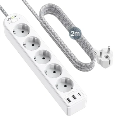 Imagen de LENCENT 8 en 1 Regleta Enchufes de 5 Tomas Corrientes y 2 USB A C, 4000W Base Multiple con Interruptor, Protección contra Sobrecargas, Montaje Pared Cable 2M