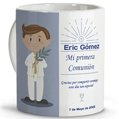 Imagen de LolaPix Taza comunión niño. Regalos Personalizados con Nombre y Texto. Personalizada. Varios diseños. NIÃ‘O Moreno. cerámica 330ml