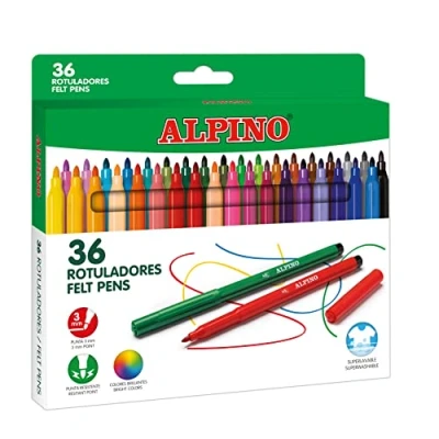 Imagen de Alpino 36 rotuladores, Estuche de Rotuladores punta 3mm, Tinta Lavable, para niños, Material escolar y oficina (AR001036N)