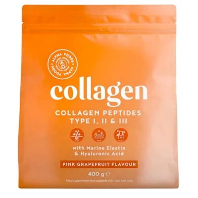 Imagen de Colágeno en Polvo 400g Péptidos de Colageno Hidrolizado con Acido Hialuronico y Elastina Marino Collagen Peptides Tipos I, II, III para la Piel Sabor Pomelo Rosa Alpha Foods