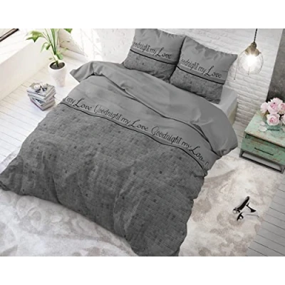 Imagen de SleepTime Funda Nórdica Algodón, Buenas Noches Mi Amor, Gris, Cama 150, 240cm x 220cm, con 2 de Almohada 60cm 70cm