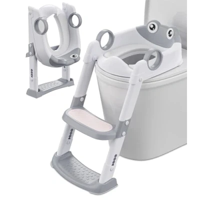Imagen de Adaptador WC Niños con Escalera, Reductor Niños, Ajustable y Plegable, Baño para Cojín Acolchado, Antideslizante Antisalpicaduras(Gris, Blanco)
