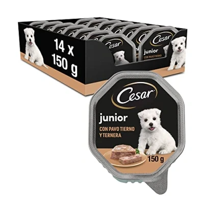 Imagen de Cesar Comida Húmeda en gelatina para Perros Cachorros Sabor Pavo y Ternera (Pack de 14 Tarrinas x 150g)