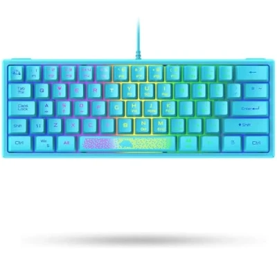 Imagen de 60% UK Layout Cableado 62 Teclas Compact Teclado para Juegos, RGB Rainbow Retroiluminado Láser Tallado Mecánico Sensación Portátil 19 Anti Fantasma Ergonómico Impermeable PC Gamer Azul