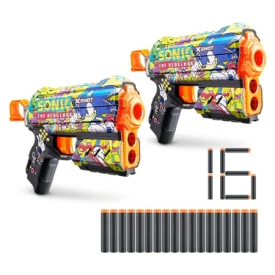 Imagen de XShot Skins Flux Blaster Sonic Hyper Spike, The Hedgehog Design with 16 Darts, Easy Reload, Air Pocket Dart Technology, Toy Foam for Kids, Teens and Adults (2 Blasters, Darts)