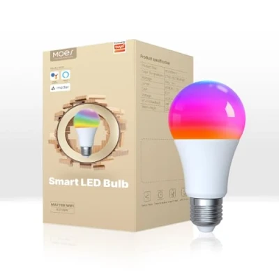 Imagen de MOES Bombilla Led e27 Inteligent Wifi y Matter 9w RGB 2700K 6500K 806lm Regulable Calida/Blanco Frio, Compatible Con Alexa/Google Home, Apple HomeKit, Smart Things
