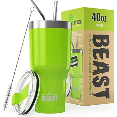 Imagen de BEAST Termo Café para Llevar 1050ml I Verde Limón Taza Térmica de Acero Inoxidable Reusable Viajera Doble Pared al Vacío 2 Pajitas y Cepillo Limpieza
