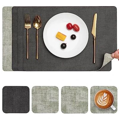Imagen de Myir JUN Manteles Individuales y Posavasos, Salvamanteles de Cuero Juego 4 Mantel Individual Lavables Antideslizant Mesa Impermeables (Gris Verde, 4)