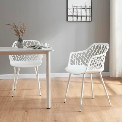 Imagen de [en.casa] Set de 2 Sillas Comedor con Respaldo Enrejado Reposabrazos máx. 130 kg Juego Cocina Plástico y Metal 80 x 56 52 cm Blanco