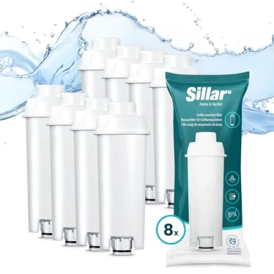 Imagen de Sillar 8x Filtro de Agua para Cafetera Delonghi DLSC002, SER3017 &amp; 5513292811 Compatible con las series ECAM, ESAM, ETAM Cartuchosde Carbón Activado Se adapta a Dinamica, PimaDonna