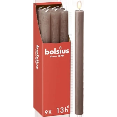 Imagen de Bolsius Velas cónicas para cenas, color gris pardo, 9 unidades, larga duración de combustión 13 horas, vela doméstica, decoración interiores, sin perfume, cera natural vegana, 27 x 2,3 cm