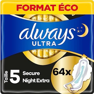 Imagen de Always Ultra compresas para mujer Secure Night Extra (tamaño 5) con alas (64 alas), paquete grande, noche, fina y superabsorbente, neutraliza los olores evita fugas.