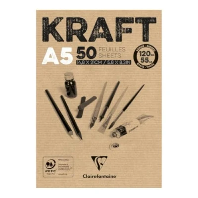 Imagen de Clairefontaine 975814C Bloc Encollé Papier Kraft 50 Feuilles Vergé Brun A5 14,8x21 cm 120g Double Face pour le Croquis et Dessin