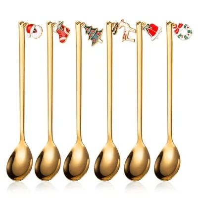 Imagen de Cucharas Navideñas, 6 Piezas de Café Navidad Acero Inoxidable, Cuchara para postres con Colgantes Navidad, Cucharadita Helado y Caja Regalo (oro)