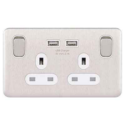 Imagen de Schneider Electric Lisse GGBL30202USBAWSSS, toma de corriente doble conmutada, polo único con puertos carga USB, 13A, acero inoxidable inserto blanco