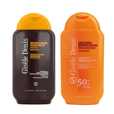 Imagen de GISÈLE DENIS Pack Solar Dúo Perfecto, Bronceador Inmediato 200 ml + Protector FPS50+, Crema, Acelerador del Bronceado, Emulsión Bronceadora, Crema Solar, Resistente al Agua