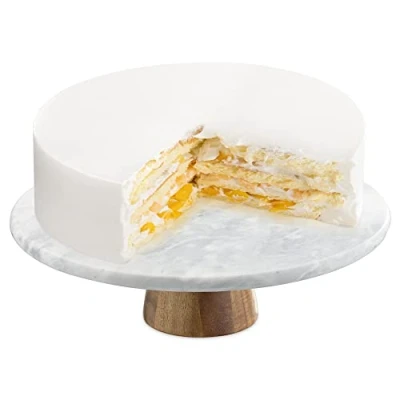 Imagen de Navaris Soporte para Tartas Giratorio Bandeja giratoria Redonda Tarta Pasteles Plato Expositor de mármol Blanco y Base Madera 30 cm