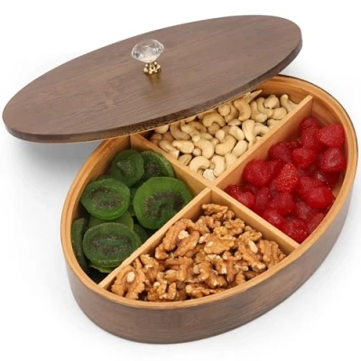 Imagen de Belle Vous Bandeja Redonda de Madera para Servir con Tapa Decorativa Almacenaje Caja y 4 Compartimentos 29 cm x 7 Multiusos Te e Infusiones, Joyas, Manualidades