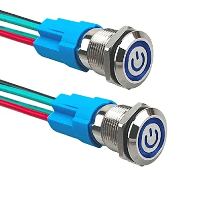 Imagen de Aiqeer 2 Piezas 12 mm Interruptores de Botón Autoblocante, 12V / 24V 3A Interruptor LED Azul, Pulsador Metálico Impermeable, con Enchufe Precableado