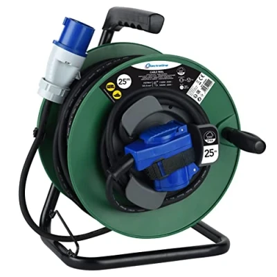 Imagen de Electraline 49209 Enrollacables eléctrica de 25 m para campistas, camping, caravana, con toma CEE 3 polos y enchufe industrial IEC IP44, Verde/Negro