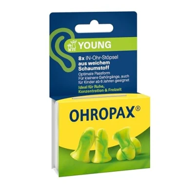 Imagen de OHROPAX Young Tapones para oídos con canales auditivos más pequeños de espuma suave Aislamiento acústico SNR 35 dB Ideal descanso, concentración y ocio 8 unidades