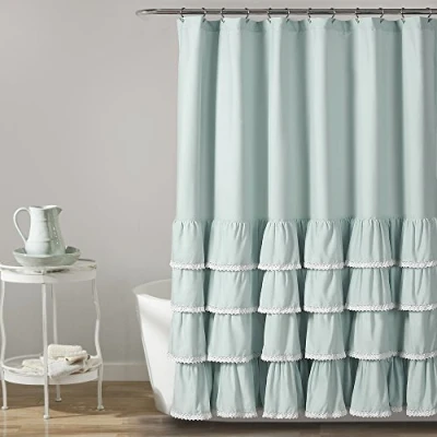 Imagen de Lush Decor Lace Ruffle Shower Curtain, 72&quot; x 72&quot;, Blue Cortina de Ducha con Volantes Encaje, 72 Pulgadas, Color Azul, Poliéster, W L (1 Panels)