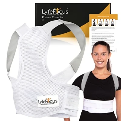 Imagen de LyfeFocus S1 Corrector de Postura Espalda Transpirable para Hombres y Mujeres, Soporte Superior Corrección Dolor Cuello, Hombros (Blanco, L)