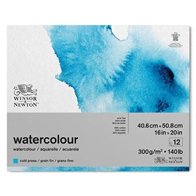 Imagen de Winsor &amp; Newton Papel de Acuarela Clásico, Grano Fino, 300gr, Mezcla 25% Algodón y Fibras Celulosa, Blanco Natural, Libre Ácidos, 40,6 x 50,8cm, Bloc Encolado Por 1 Cara, 12 Hojas