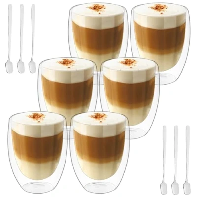 Imagen de Tazas de Café Cristal, Vasos Doble Pared Transparente, Vidrio Borosilicato con 6 Cucharillas, Taza Cristal para Cafe Leche Té Latte Macchiato y Más, Mantienen el Calor, 350ml*6