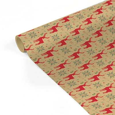 Imagen de Clairefontaine 223884C Bobina de papel regalo Tiny Rolls 5 x 0,35 m (especial pequeño) 70 g en kraft 100% reciclado, Renos rojos