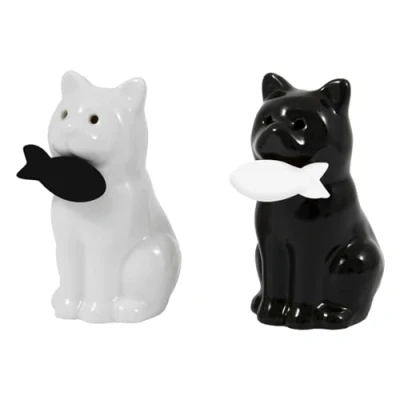 Imagen de Fisura Salero y pimentero original Set de sal pimienta para la mesa con forma divertida Juego cerámica. (Gatos, blanco negro)