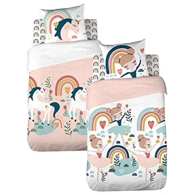 Imagen de Coste Deco Juego de cama infantil reversible unicornio y bailarina, color rosa, funda nórdica 140 x 200 cm 1 almohada 63 cm, 100% algodón orgánico*